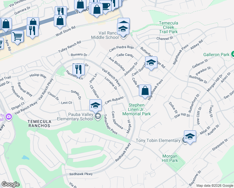 map of restaurants, bars, coffee shops, grocery stores, and more near 44725 Lorraine Drive in Temecula