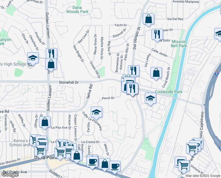 map of restaurants, bars, coffee shops, grocery stores, and more near 33552 Big Sur Street in Dana Point