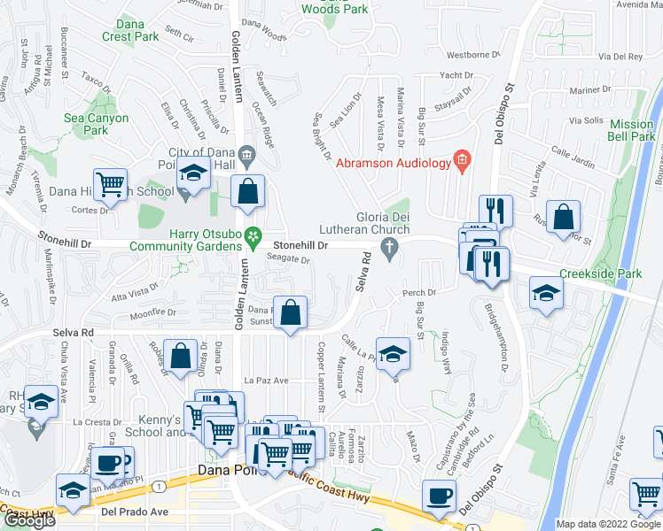 map of restaurants, bars, coffee shops, grocery stores, and more near 33608 Holtz Hill Drive in Dana Point