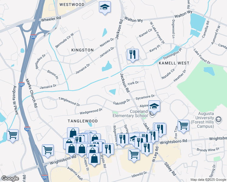 map of restaurants, bars, coffee shops, grocery stores, and more near 1355 Jackson Road in Augusta