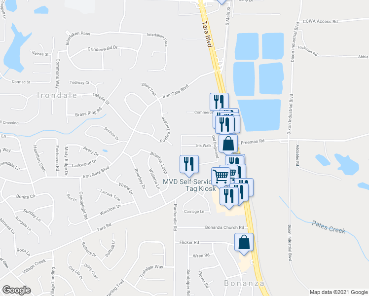 map of restaurants, bars, coffee shops, grocery stores, and more near 1529 Iris Walk in Jonesboro