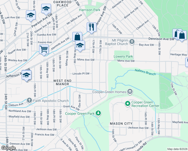 map of restaurants, bars, coffee shops, grocery stores, and more near 1544 17th Street Southwest in Birmingham