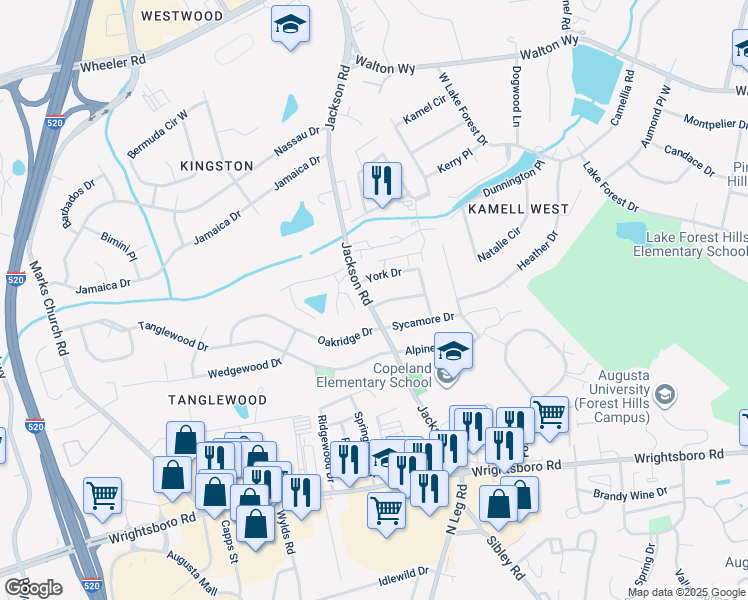 map of restaurants, bars, coffee shops, grocery stores, and more near 3225 Briarcliff Drive in Augusta
