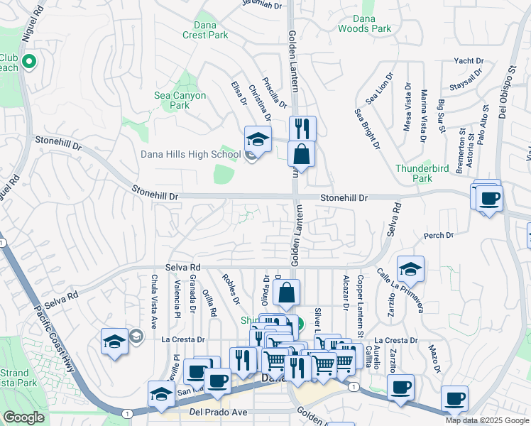 map of restaurants, bars, coffee shops, grocery stores, and more near 33561 Sea Gull Court in Dana Point