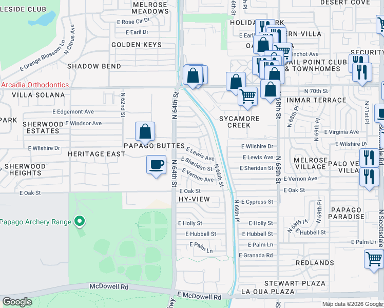 map of restaurants, bars, coffee shops, grocery stores, and more near 6437 E Lewis Ave in Scottsdale