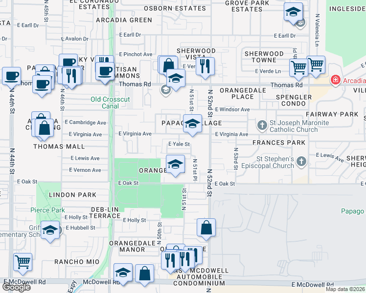 map of restaurants, bars, coffee shops, grocery stores, and more near 5033 East Yale Street in Phoenix