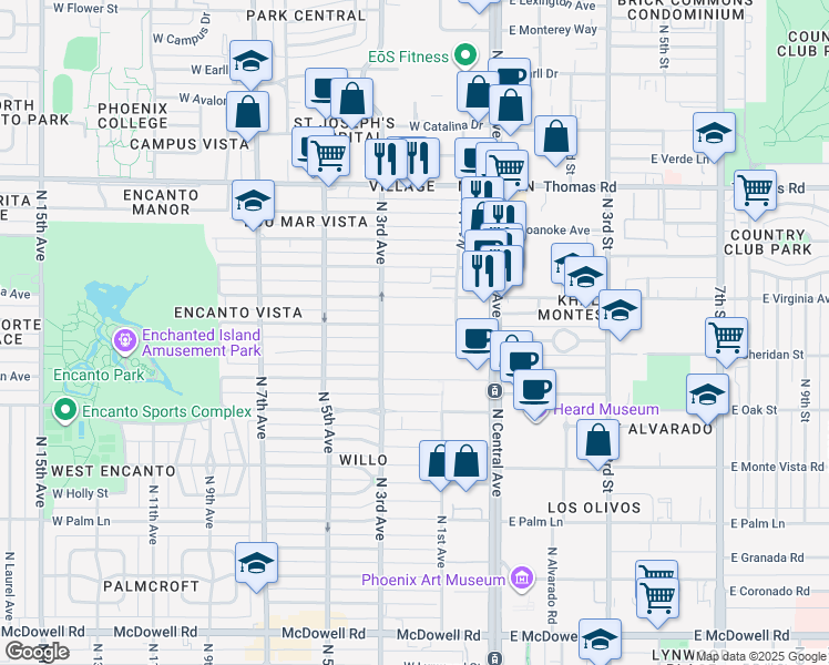 map of restaurants, bars, coffee shops, grocery stores, and more near 57 W Wilshire Dr in Phoenix