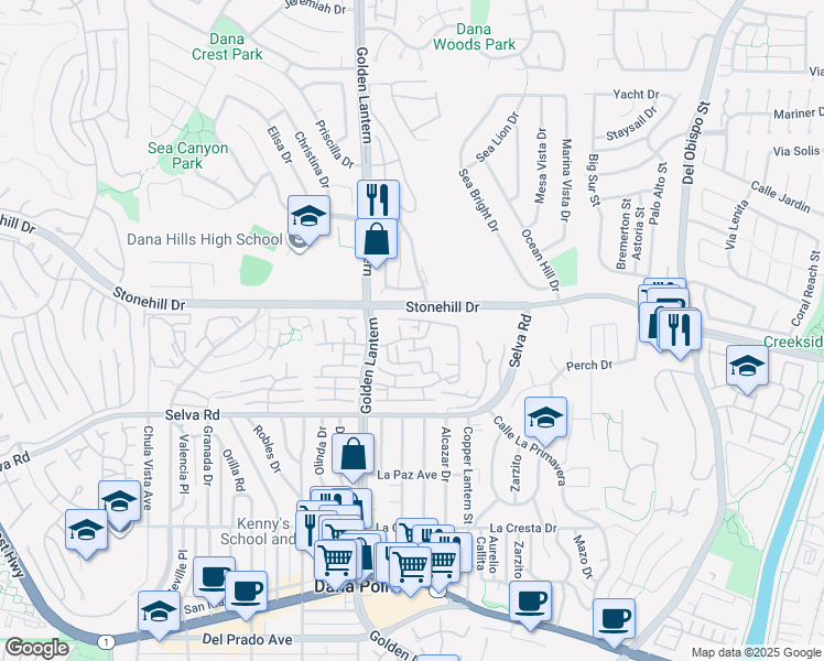 map of restaurants, bars, coffee shops, grocery stores, and more near 33546 Spin Drift Court in Dana Point