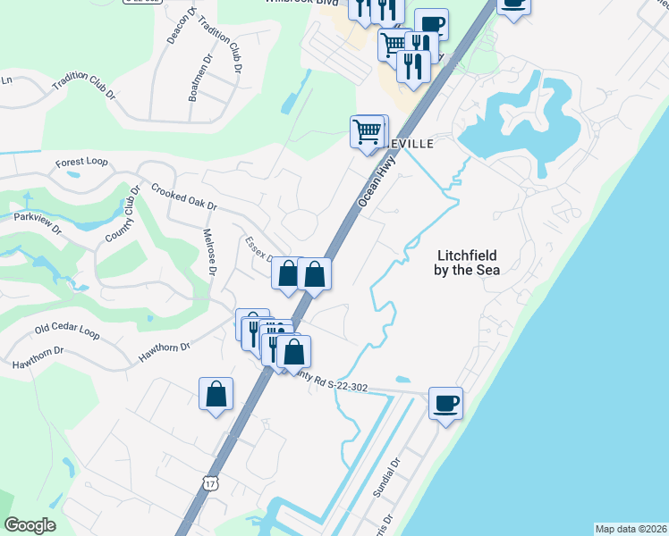 map of restaurants, bars, coffee shops, grocery stores, and more near 13442 Ocean Highway in Pawleys Island