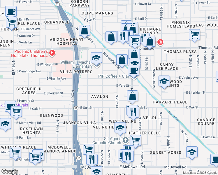 map of restaurants, bars, coffee shops, grocery stores, and more near 2221 East Yale Street in Phoenix