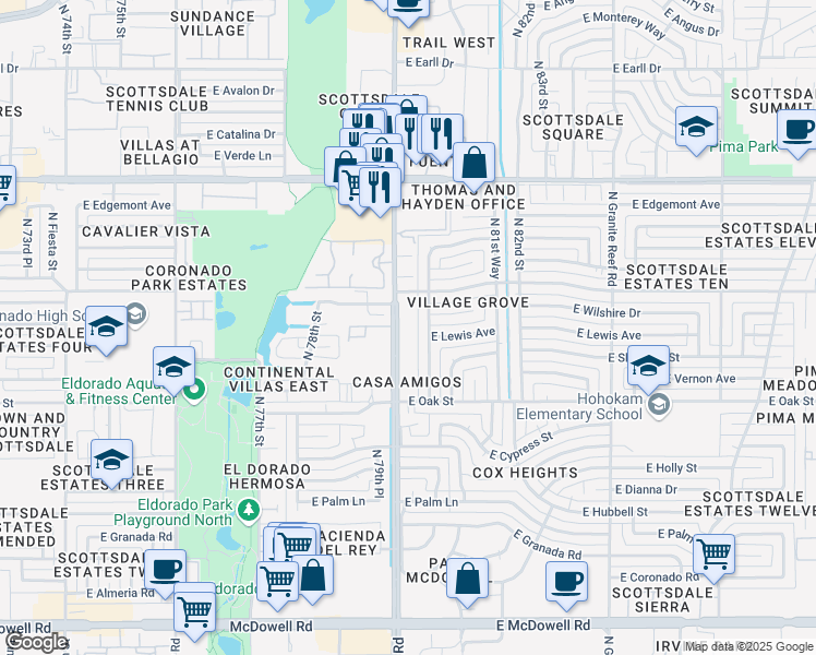 map of restaurants, bars, coffee shops, grocery stores, and more near 2420 North Hayden Road in Scottsdale