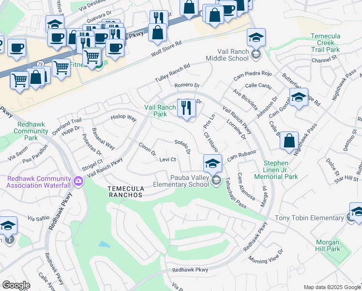 map of restaurants, bars, coffee shops, grocery stores, and more near 32997 Sotelo Drive in Temecula