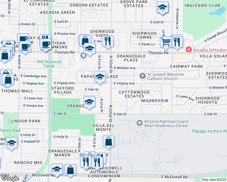 map of restaurants, bars, coffee shops, grocery stores, and more near 2525 North 52nd Street in Phoenix