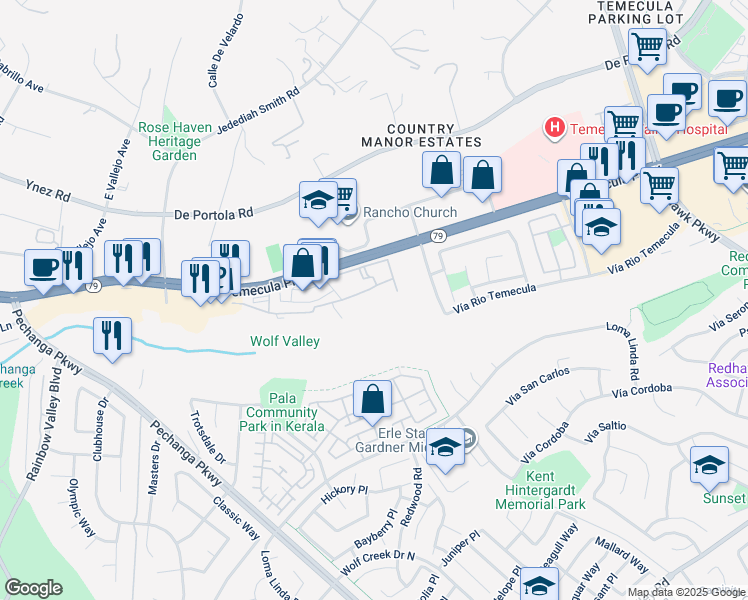 map of restaurants, bars, coffee shops, grocery stores, and more near 31259 Taylor Lane in Temecula