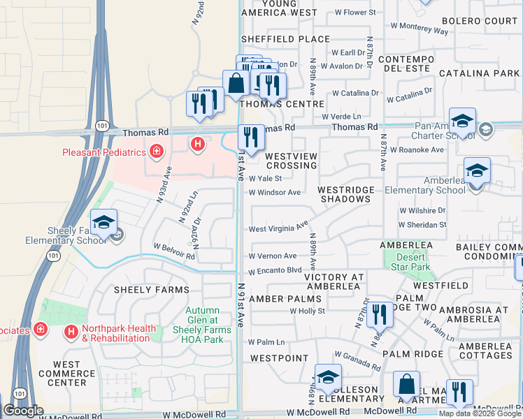 map of restaurants, bars, coffee shops, grocery stores, and more near 9017 West Cambridge Avenue in Phoenix