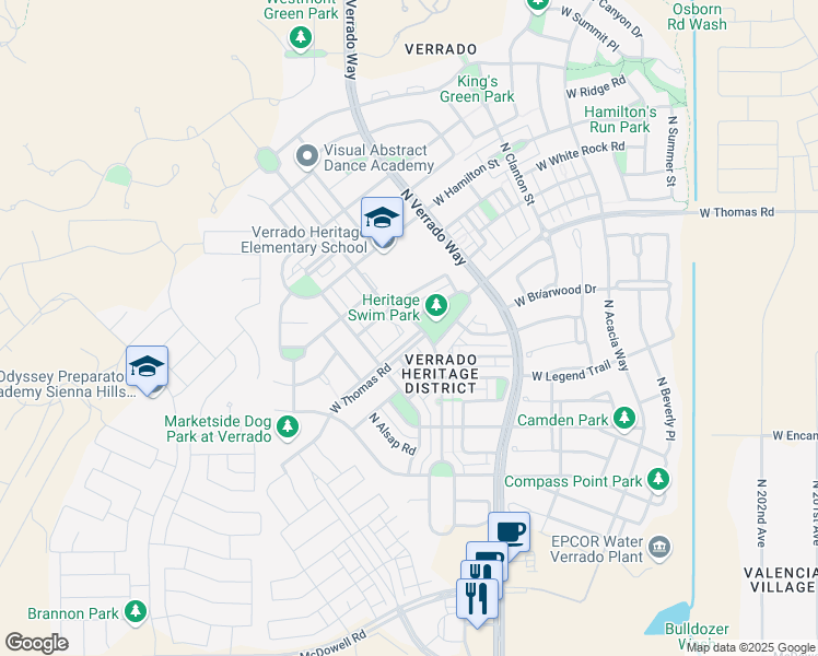 map of restaurants, bars, coffee shops, grocery stores, and more near 2592 North Heritage Street in Buckeye