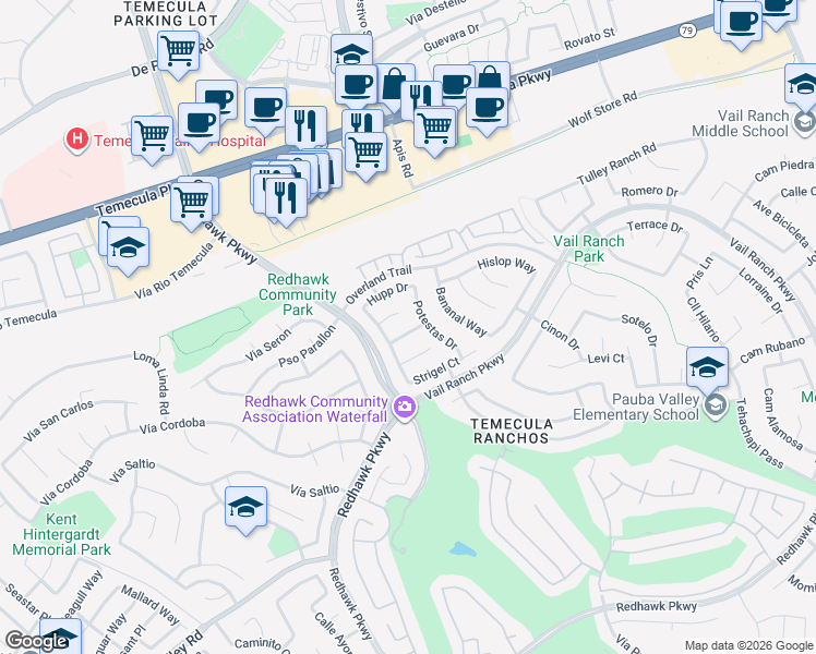 map of restaurants, bars, coffee shops, grocery stores, and more near 32470 Akes Pass in Temecula