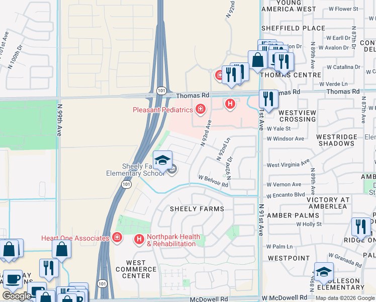 map of restaurants, bars, coffee shops, grocery stores, and more near 9413 West Jamestown Road in Phoenix