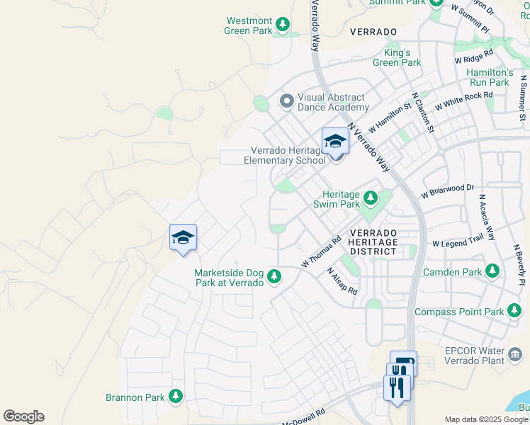 map of restaurants, bars, coffee shops, grocery stores, and more near 2604 North Saide Lane in Buckeye