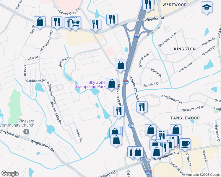 map of restaurants, bars, coffee shops, grocery stores, and more near 1249 Augusta West Parkway in Augusta