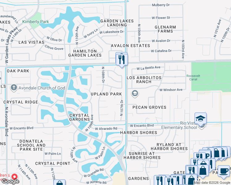 map of restaurants, bars, coffee shops, grocery stores, and more near 10774 West Cambridge Avenue in Avondale