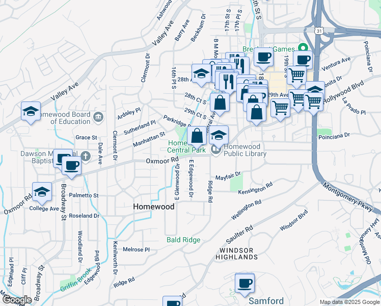 map of restaurants, bars, coffee shops, grocery stores, and more near 1630 Oxmoor Road in Birmingham