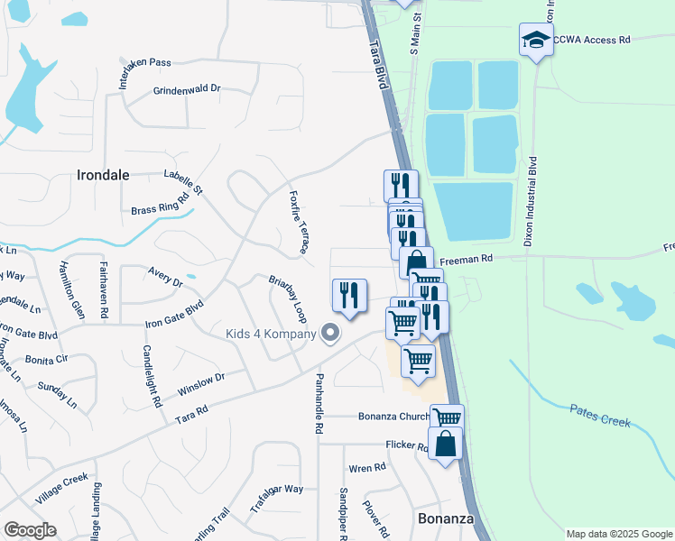 map of restaurants, bars, coffee shops, grocery stores, and more near 1529 Iris Walk in Jonesboro