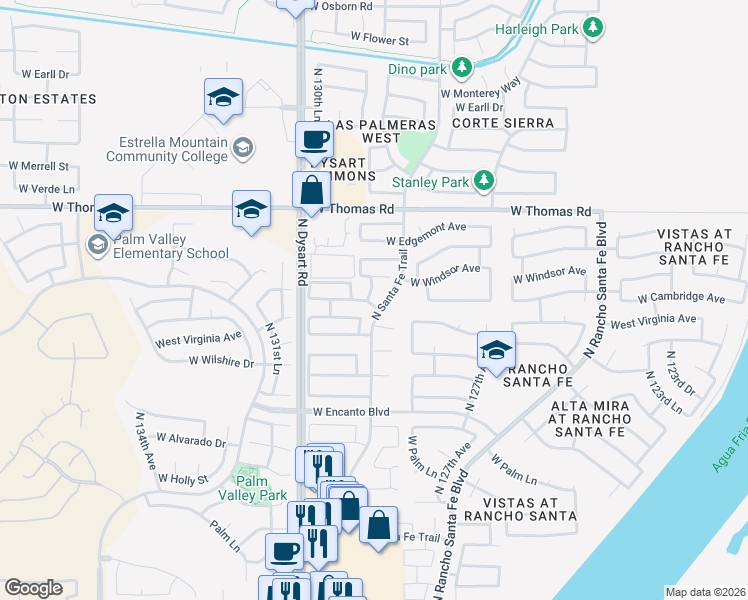 map of restaurants, bars, coffee shops, grocery stores, and more near 2601 North 128th Drive in Avondale