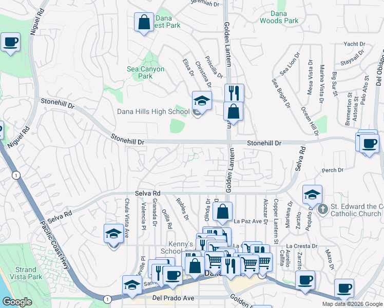 map of restaurants, bars, coffee shops, grocery stores, and more near 24572 Harbor View Drive in Dana Point