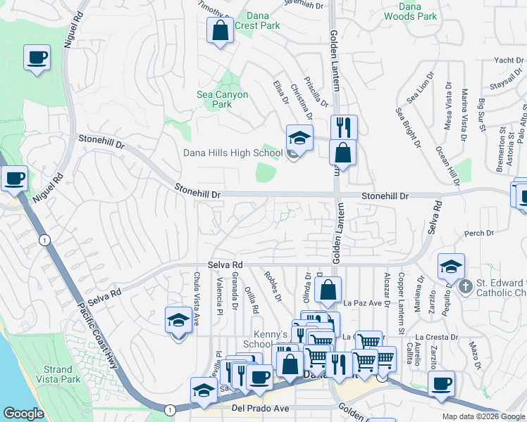 map of restaurants, bars, coffee shops, grocery stores, and more near 33542 Street of the Blue Lantern in Dana Point
