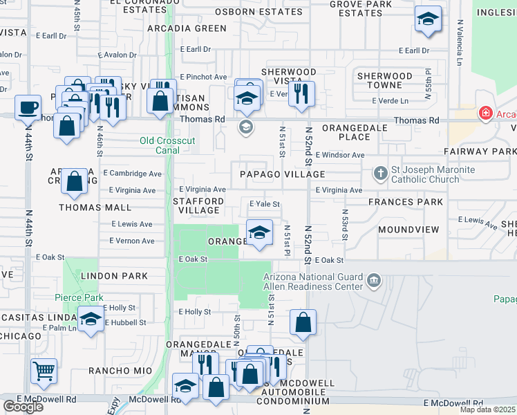 map of restaurants, bars, coffee shops, grocery stores, and more near 5033 East Yale Street in Phoenix