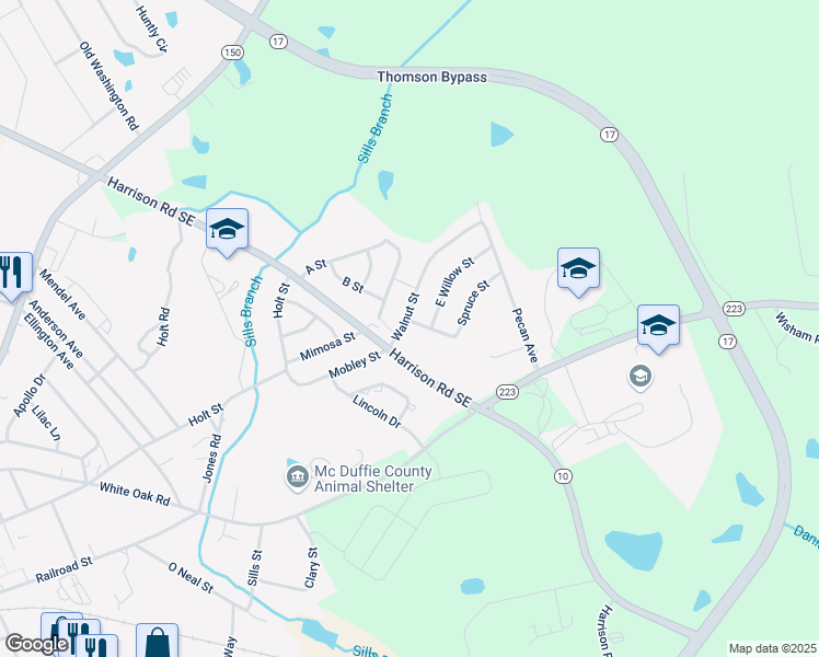 map of restaurants, bars, coffee shops, grocery stores, and more near 302 Walnut Street in Thomson