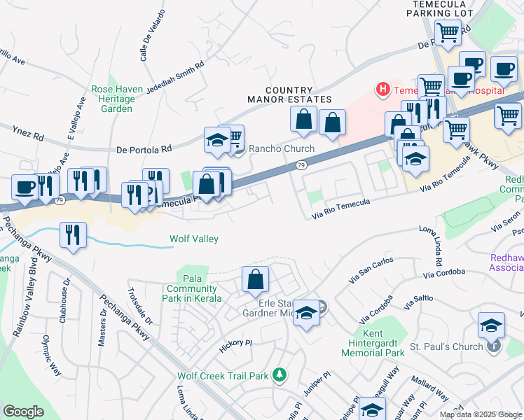 map of restaurants, bars, coffee shops, grocery stores, and more near 31369 Taylor Lane in Temecula