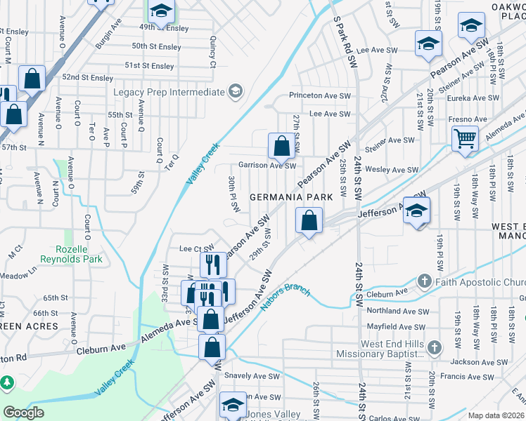 map of restaurants, bars, coffee shops, grocery stores, and more near 764 29th Street Southwest in Birmingham