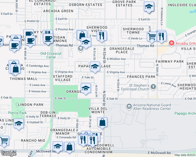 map of restaurants, bars, coffee shops, grocery stores, and more near 5131 East Virginia Avenue in Phoenix
