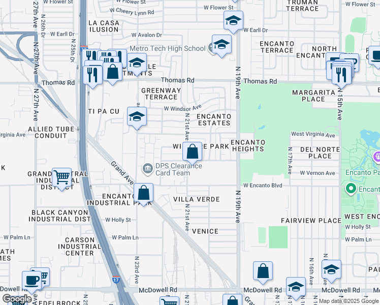 map of restaurants, bars, coffee shops, grocery stores, and more near 2413 North 21st Avenue in Phoenix
