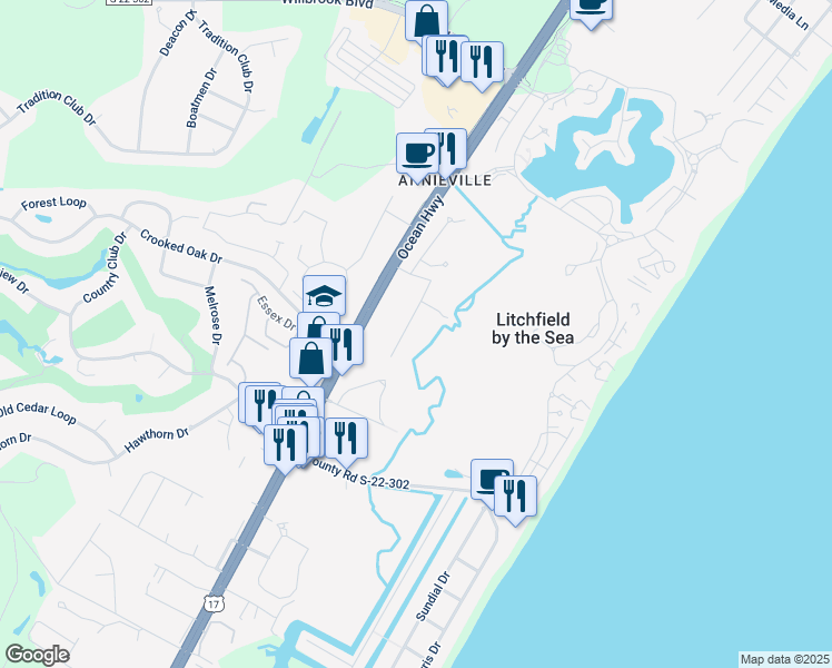 map of restaurants, bars, coffee shops, grocery stores, and more near 1 County Road S-22-409 in Pawleys Island