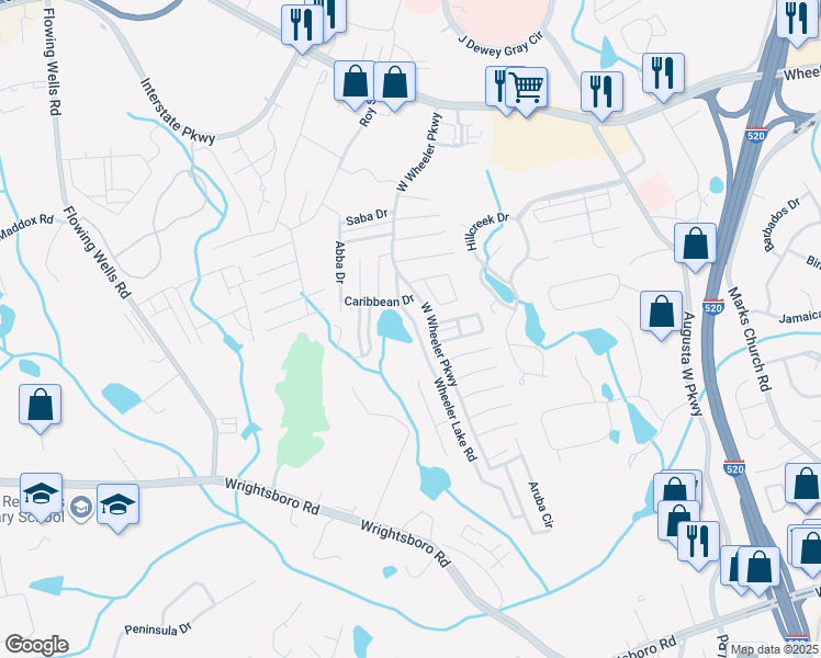 map of restaurants, bars, coffee shops, grocery stores, and more near 5019 Wheeler Lake Road in Augusta