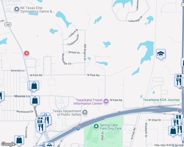 map of restaurants, bars, coffee shops, grocery stores, and more near 6406 North Park Road in Texarkana