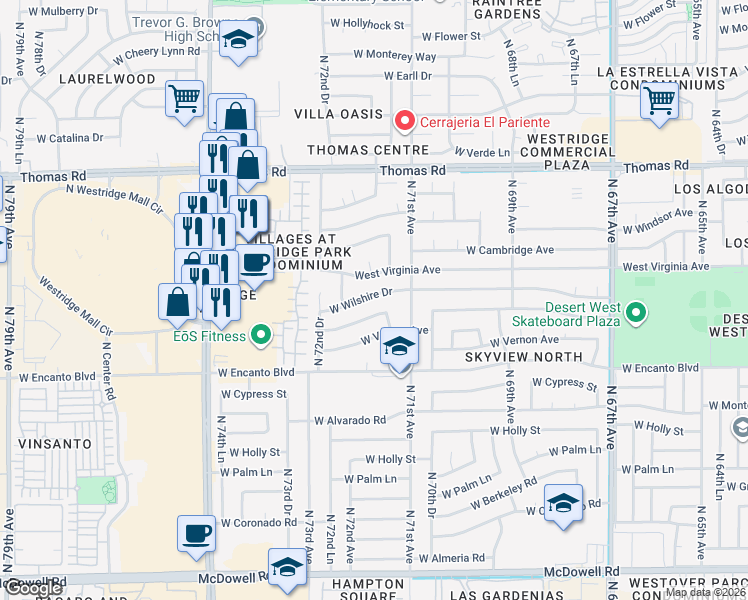 map of restaurants, bars, coffee shops, grocery stores, and more near 7133 West Wilshire Drive in Phoenix