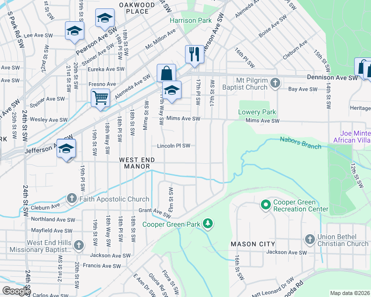 map of restaurants, bars, coffee shops, grocery stores, and more near 1725 Lincoln Place Southwest in Birmingham