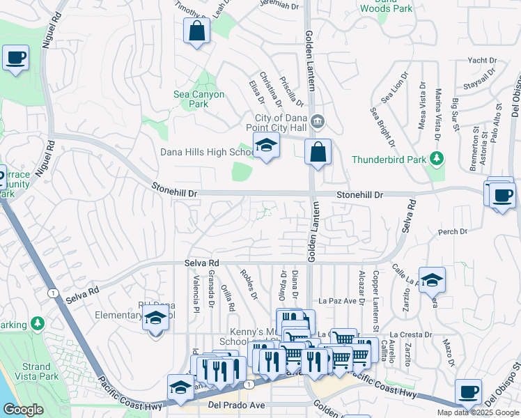 map of restaurants, bars, coffee shops, grocery stores, and more near 24572 Harbor View Drive in Dana Point