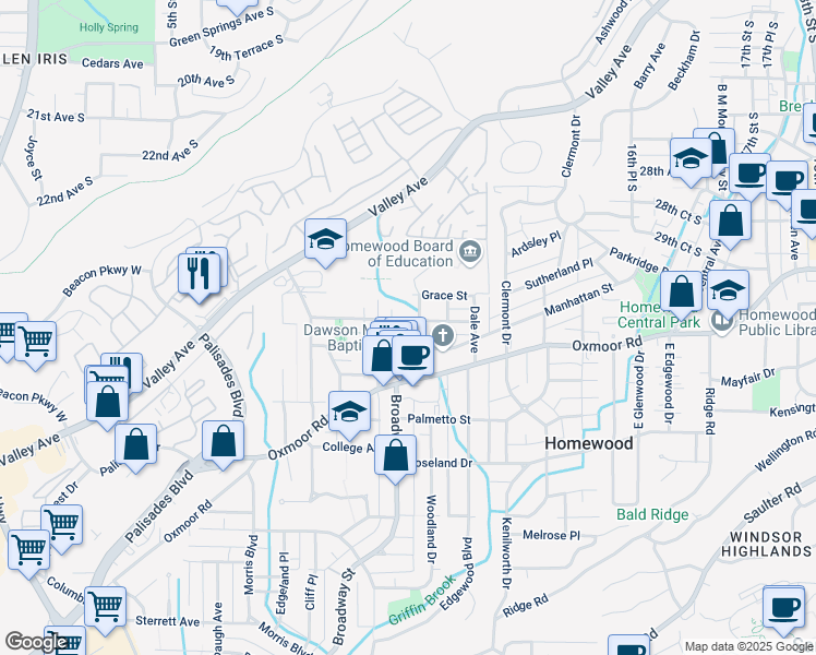 map of restaurants, bars, coffee shops, grocery stores, and more near 1011 Irving Road in Birmingham