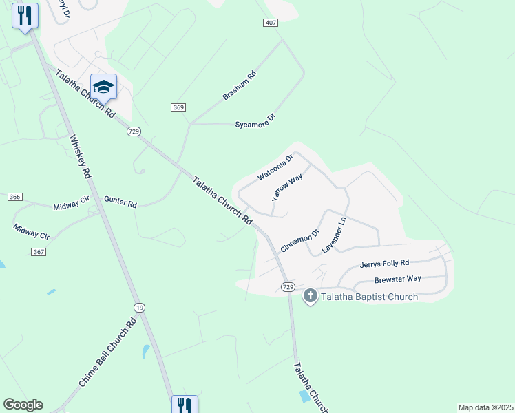 map of restaurants, bars, coffee shops, grocery stores, and more near 1321 Watsonia Drive in Aiken