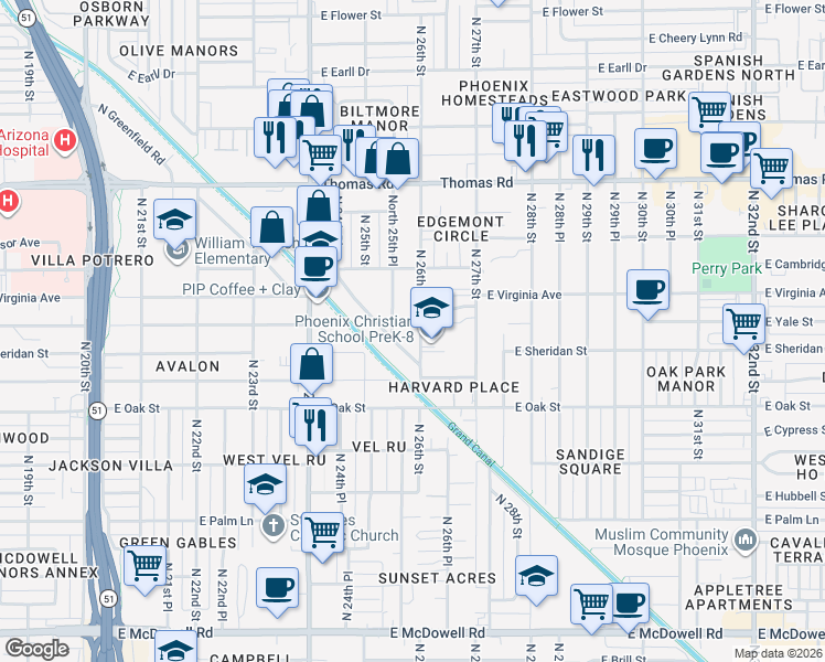 map of restaurants, bars, coffee shops, grocery stores, and more near 2514 North 26th Street in Phoenix