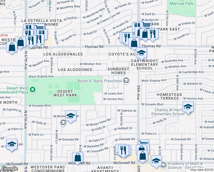 map of restaurants, bars, coffee shops, grocery stores, and more near 2526 North 61st Avenue in Phoenix