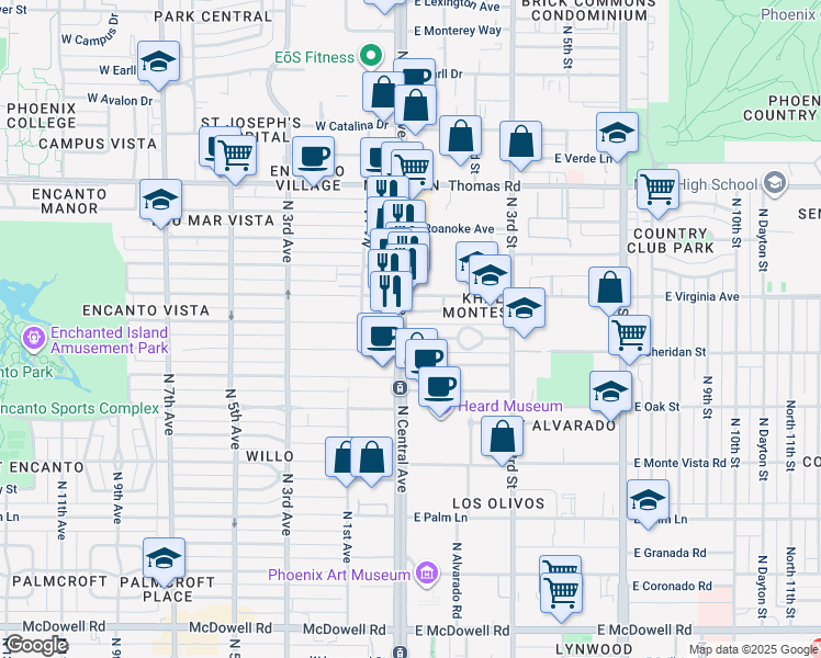map of restaurants, bars, coffee shops, grocery stores, and more near 17 West Wilshire Drive in Phoenix