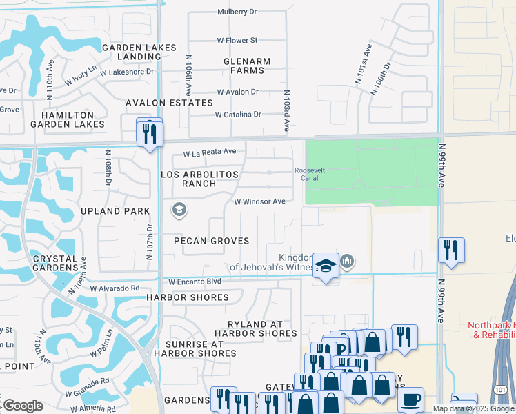 map of restaurants, bars, coffee shops, grocery stores, and more near 10413 West Windsor Avenue in Avondale