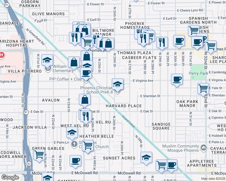map of restaurants, bars, coffee shops, grocery stores, and more near 2514 North 26th Street in Phoenix