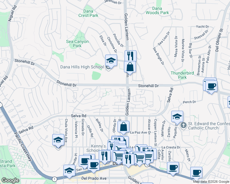 map of restaurants, bars, coffee shops, grocery stores, and more near 33558 Sea Gull Court in Dana Point